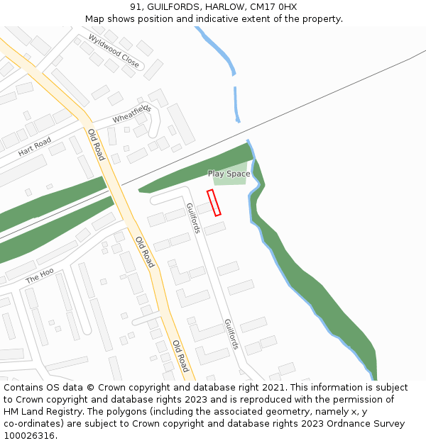 91, GUILFORDS, HARLOW, CM17 0HX: Location map and indicative extent of plot
