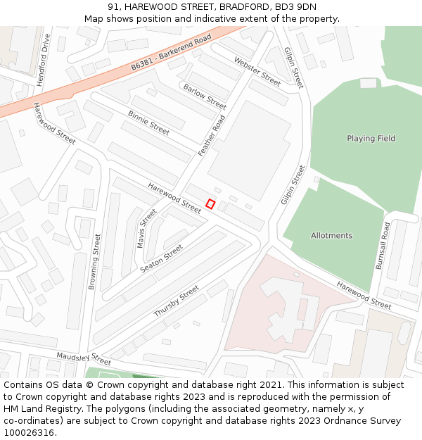 91, HAREWOOD STREET, BRADFORD, BD3 9DN: Location map and indicative extent of plot