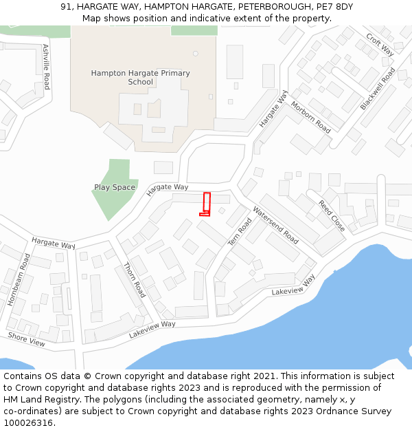91, HARGATE WAY, HAMPTON HARGATE, PETERBOROUGH, PE7 8DY: Location map and indicative extent of plot