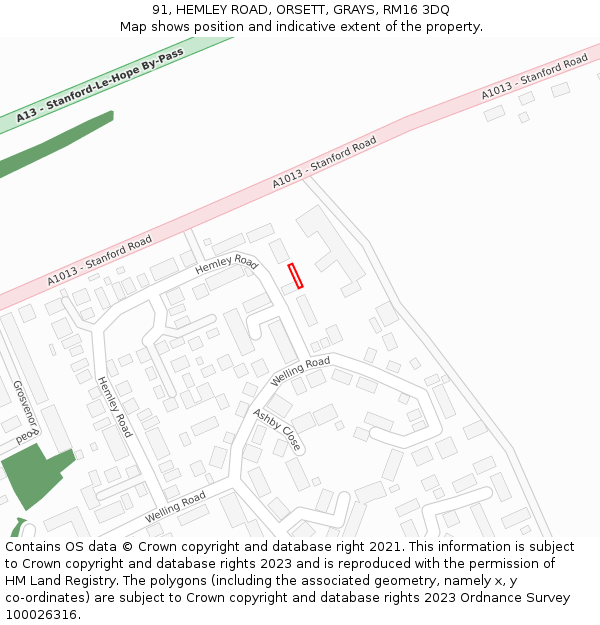91, HEMLEY ROAD, ORSETT, GRAYS, RM16 3DQ: Location map and indicative extent of plot