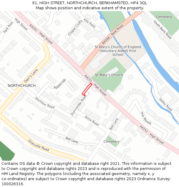 91, HIGH STREET, NORTHCHURCH, BERKHAMSTED, HP4 3QL: Location map and indicative extent of plot
