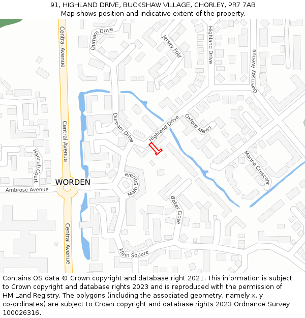 91, HIGHLAND DRIVE, BUCKSHAW VILLAGE, CHORLEY, PR7 7AB: Location map and indicative extent of plot