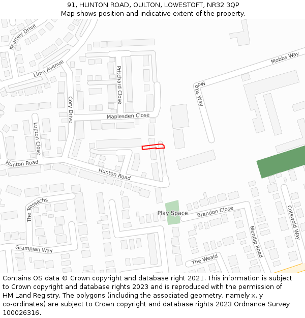 91, HUNTON ROAD, OULTON, LOWESTOFT, NR32 3QP: Location map and indicative extent of plot