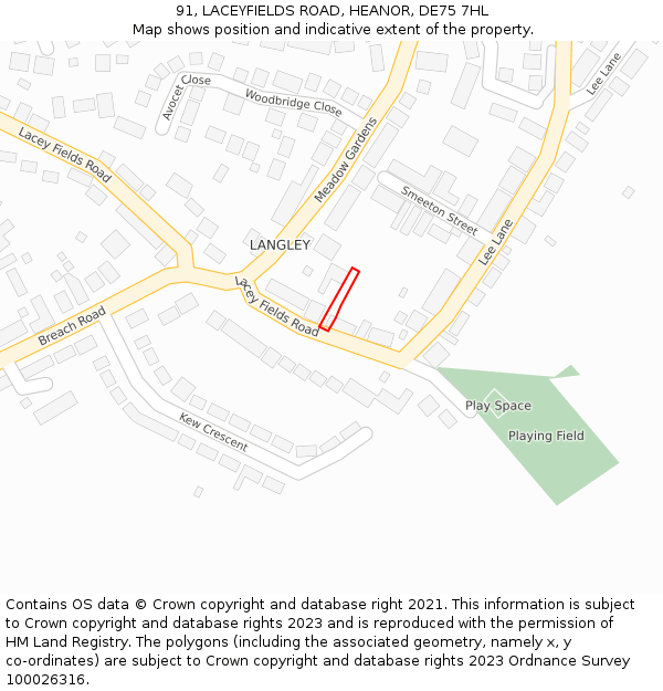 91, LACEYFIELDS ROAD, HEANOR, DE75 7HL: Location map and indicative extent of plot