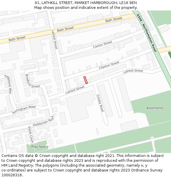 91, LATHKILL STREET, MARKET HARBOROUGH, LE16 9EN: Location map and indicative extent of plot