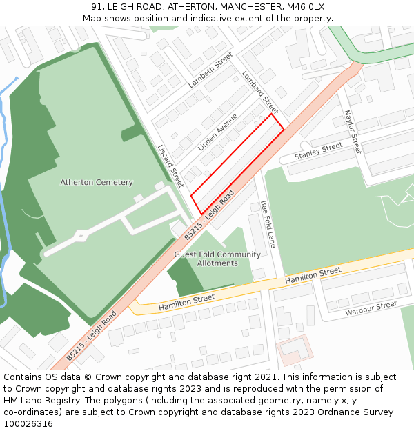 91, LEIGH ROAD, ATHERTON, MANCHESTER, M46 0LX: Location map and indicative extent of plot
