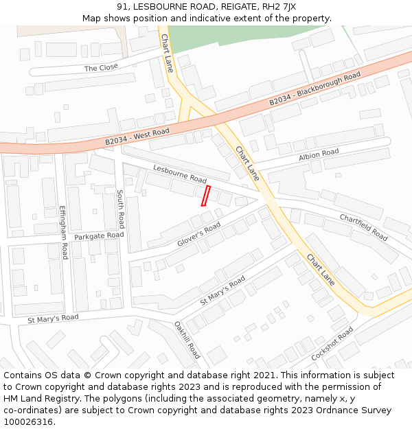 91, LESBOURNE ROAD, REIGATE, RH2 7JX: Location map and indicative extent of plot