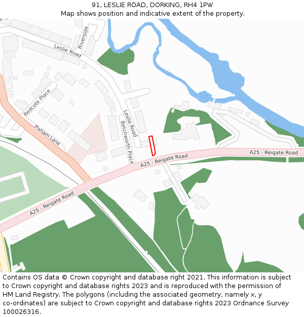 91, LESLIE ROAD, DORKING, RH4 1PW: Location map and indicative extent of plot