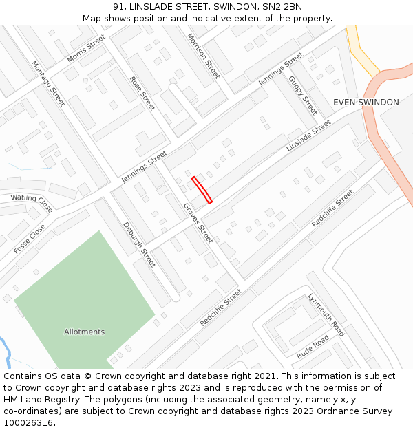 91, LINSLADE STREET, SWINDON, SN2 2BN: Location map and indicative extent of plot