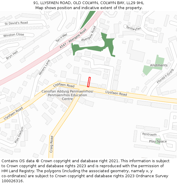 91, LLYSFAEN ROAD, OLD COLWYN, COLWYN BAY, LL29 9HL: Location map and indicative extent of plot