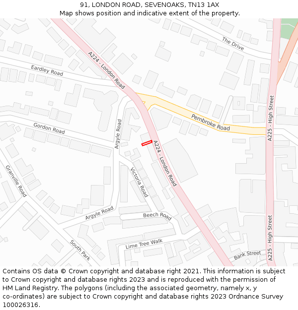 91, LONDON ROAD, SEVENOAKS, TN13 1AX: Location map and indicative extent of plot