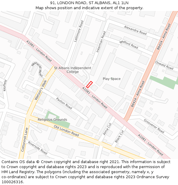 91, LONDON ROAD, ST ALBANS, AL1 1LN: Location map and indicative extent of plot