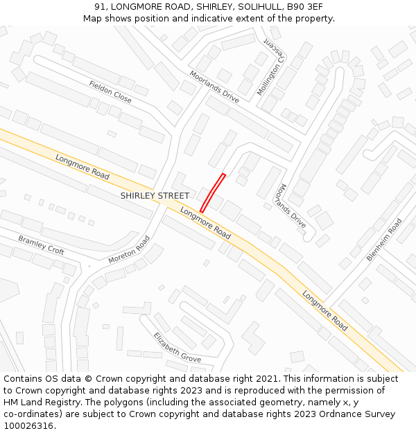 91, LONGMORE ROAD, SHIRLEY, SOLIHULL, B90 3EF: Location map and indicative extent of plot
