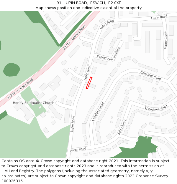 91, LUPIN ROAD, IPSWICH, IP2 0XF: Location map and indicative extent of plot
