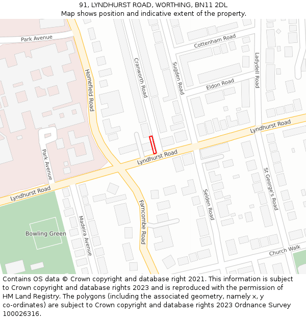 91, LYNDHURST ROAD, WORTHING, BN11 2DL: Location map and indicative extent of plot