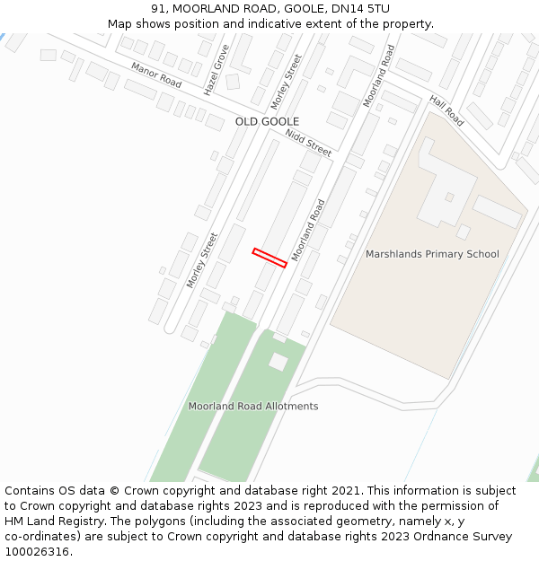 91, MOORLAND ROAD, GOOLE, DN14 5TU: Location map and indicative extent of plot