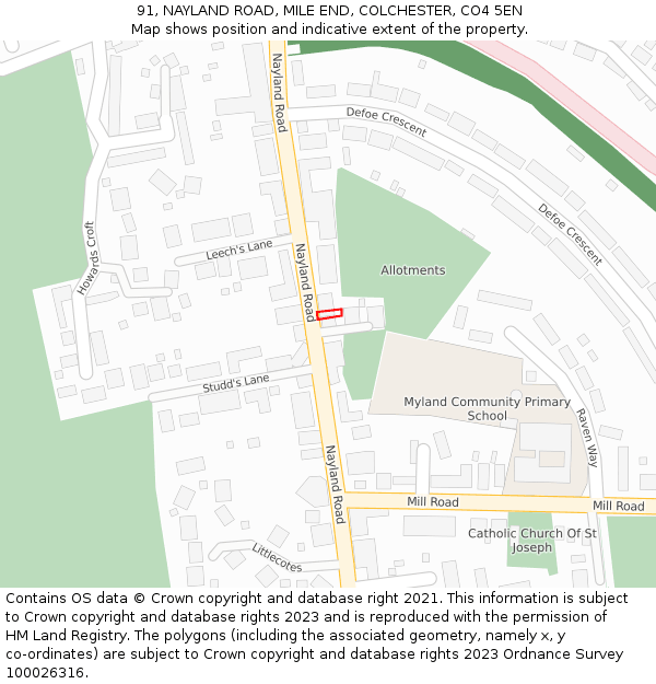 91, NAYLAND ROAD, MILE END, COLCHESTER, CO4 5EN: Location map and indicative extent of plot