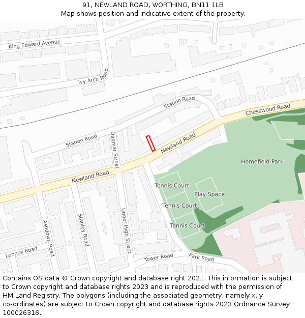 91, NEWLAND ROAD, WORTHING, BN11 1LB: Location map and indicative extent of plot