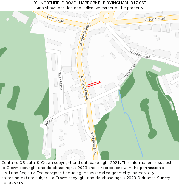 91, NORTHFIELD ROAD, HARBORNE, BIRMINGHAM, B17 0ST: Location map and indicative extent of plot
