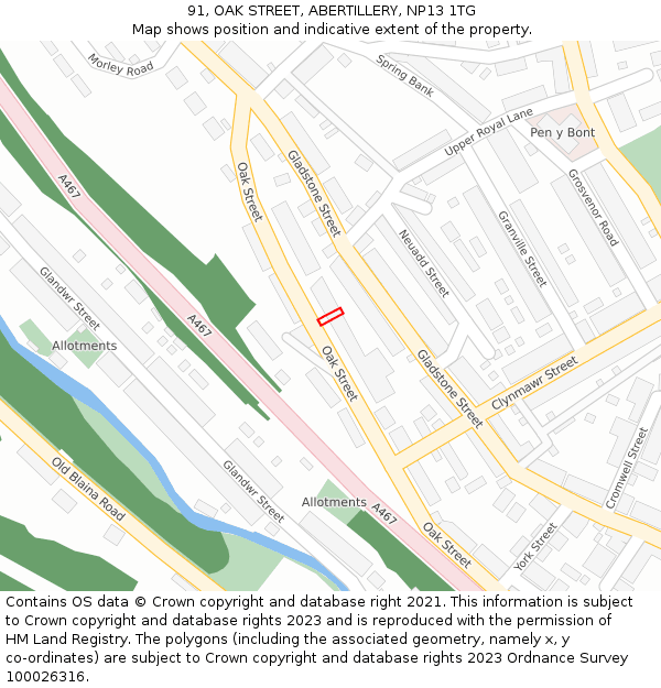 91, OAK STREET, ABERTILLERY, NP13 1TG: Location map and indicative extent of plot