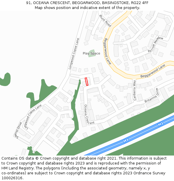 91, OCEANA CRESCENT, BEGGARWOOD, BASINGSTOKE, RG22 4FF: Location map and indicative extent of plot