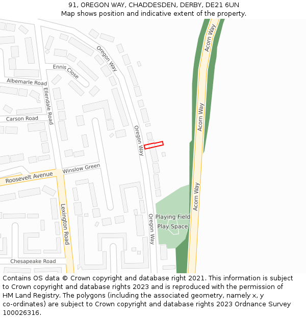 91, OREGON WAY, CHADDESDEN, DERBY, DE21 6UN: Location map and indicative extent of plot