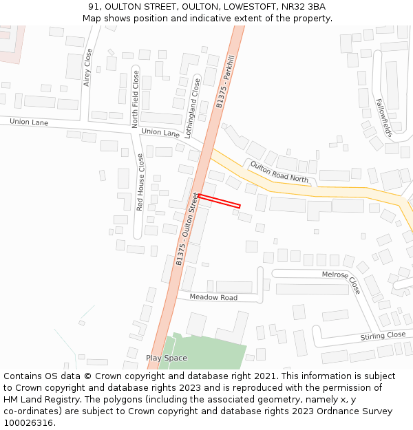 91, OULTON STREET, OULTON, LOWESTOFT, NR32 3BA: Location map and indicative extent of plot