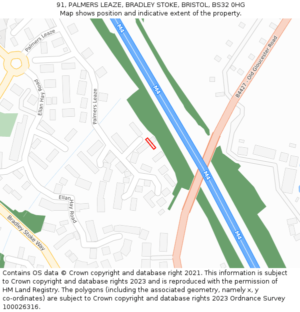 91, PALMERS LEAZE, BRADLEY STOKE, BRISTOL, BS32 0HG: Location map and indicative extent of plot