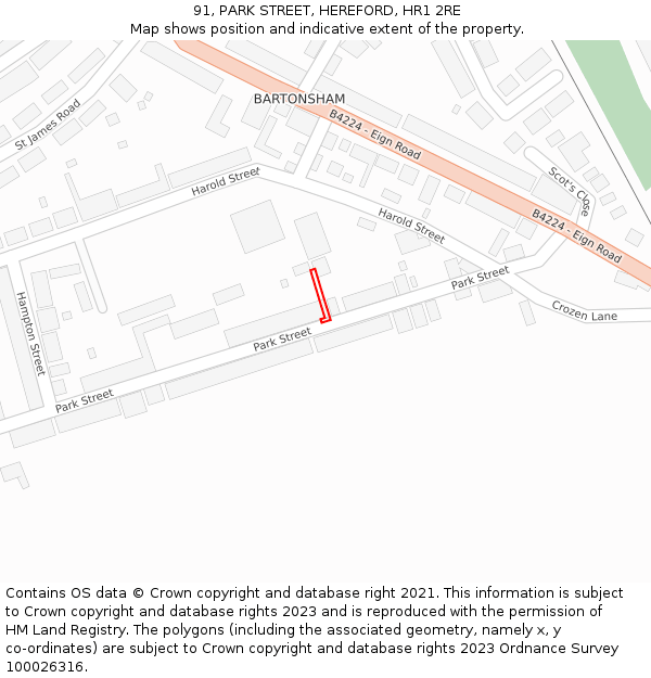 91, PARK STREET, HEREFORD, HR1 2RE: Location map and indicative extent of plot