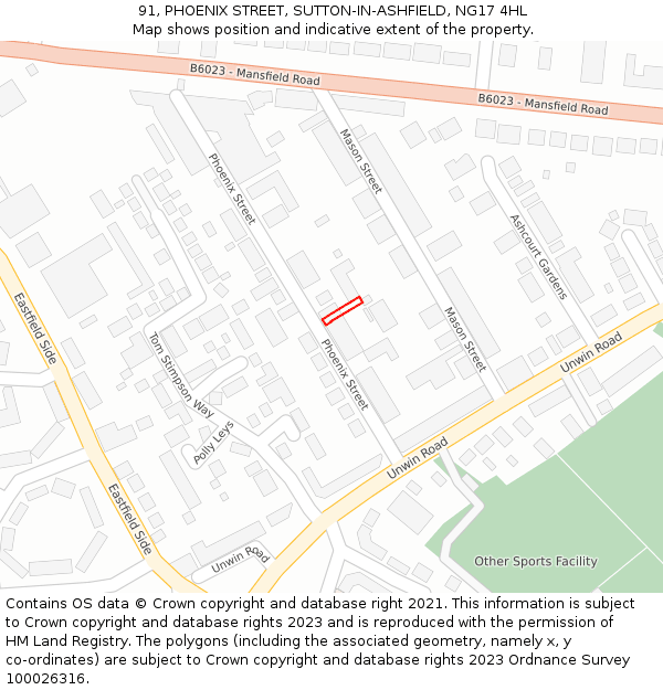 91, PHOENIX STREET, SUTTON-IN-ASHFIELD, NG17 4HL: Location map and indicative extent of plot