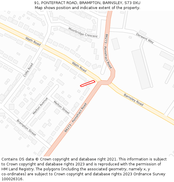 91, PONTEFRACT ROAD, BRAMPTON, BARNSLEY, S73 0XU: Location map and indicative extent of plot
