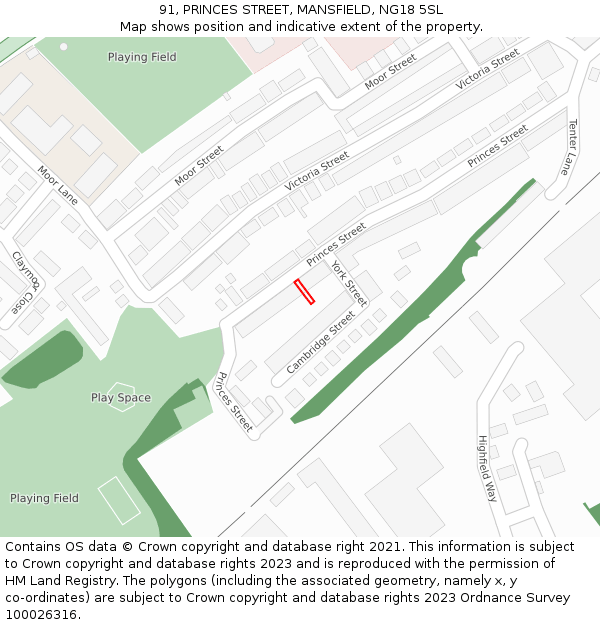 91, PRINCES STREET, MANSFIELD, NG18 5SL: Location map and indicative extent of plot