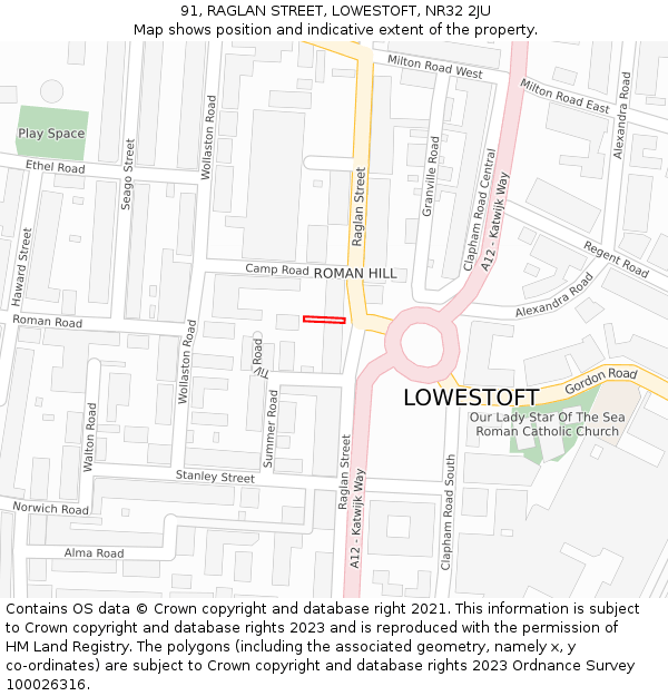 91, RAGLAN STREET, LOWESTOFT, NR32 2JU: Location map and indicative extent of plot