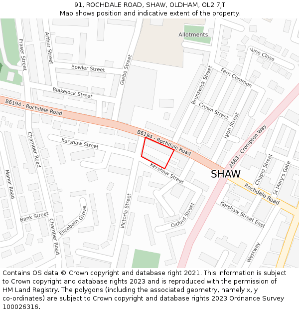 91, ROCHDALE ROAD, SHAW, OLDHAM, OL2 7JT: Location map and indicative extent of plot