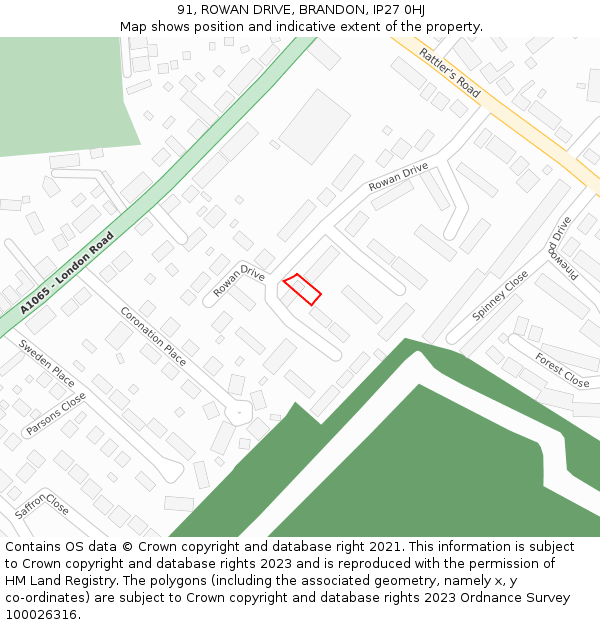 91, ROWAN DRIVE, BRANDON, IP27 0HJ: Location map and indicative extent of plot
