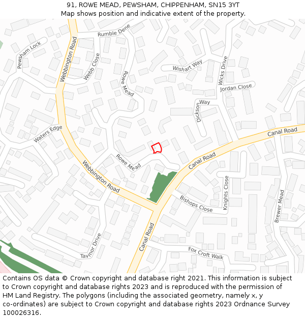 91, ROWE MEAD, PEWSHAM, CHIPPENHAM, SN15 3YT: Location map and indicative extent of plot