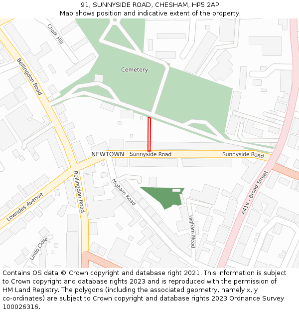 91, SUNNYSIDE ROAD, CHESHAM, HP5 2AP: Location map and indicative extent of plot