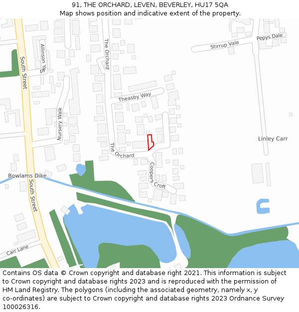 91, THE ORCHARD, LEVEN, BEVERLEY, HU17 5QA: Location map and indicative extent of plot