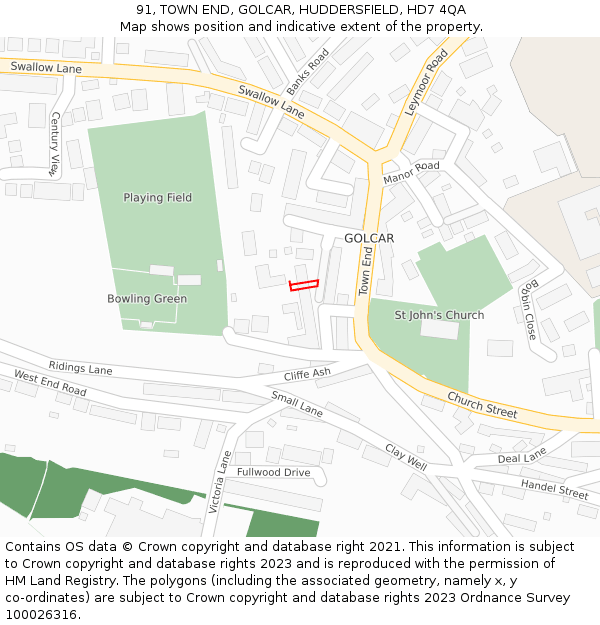 91, TOWN END, GOLCAR, HUDDERSFIELD, HD7 4QA: Location map and indicative extent of plot