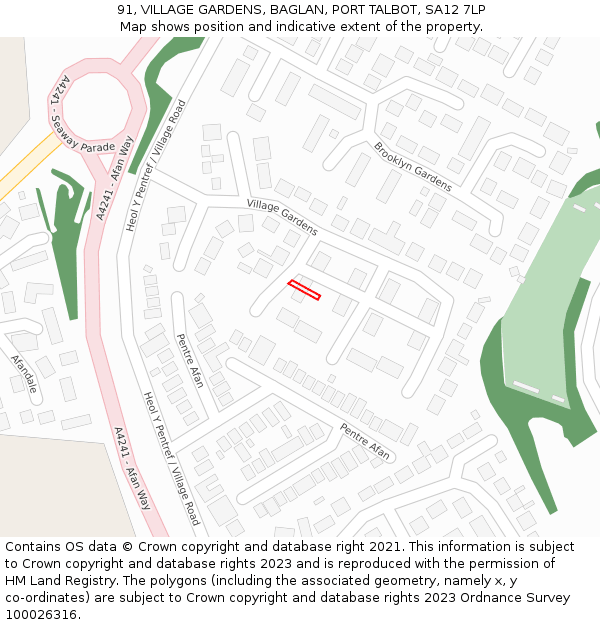 91, VILLAGE GARDENS, BAGLAN, PORT TALBOT, SA12 7LP: Location map and indicative extent of plot