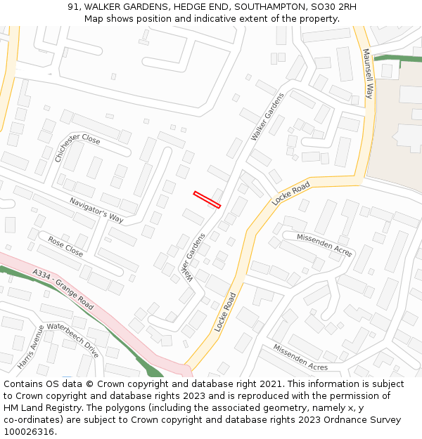 91, WALKER GARDENS, HEDGE END, SOUTHAMPTON, SO30 2RH: Location map and indicative extent of plot