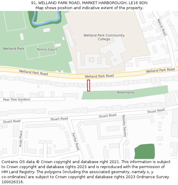 91, WELLAND PARK ROAD, MARKET HARBOROUGH, LE16 9DN: Location map and indicative extent of plot