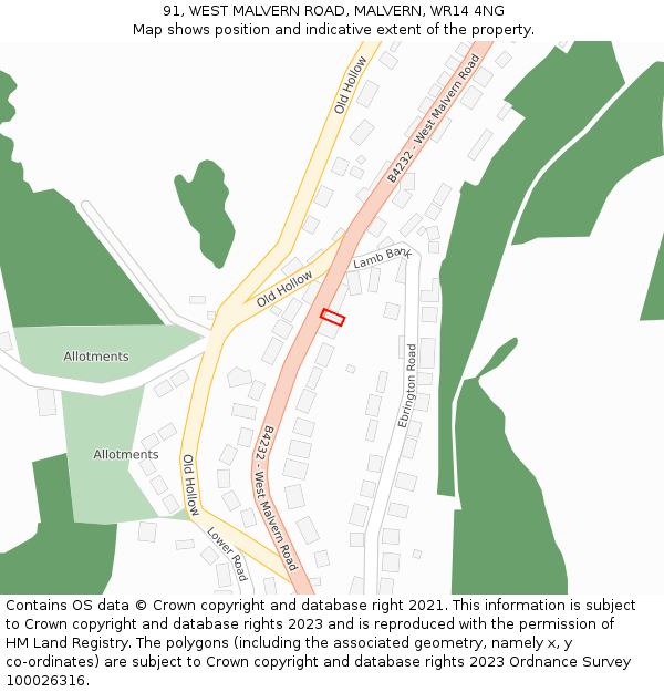 91, WEST MALVERN ROAD, MALVERN, WR14 4NG: Location map and indicative extent of plot