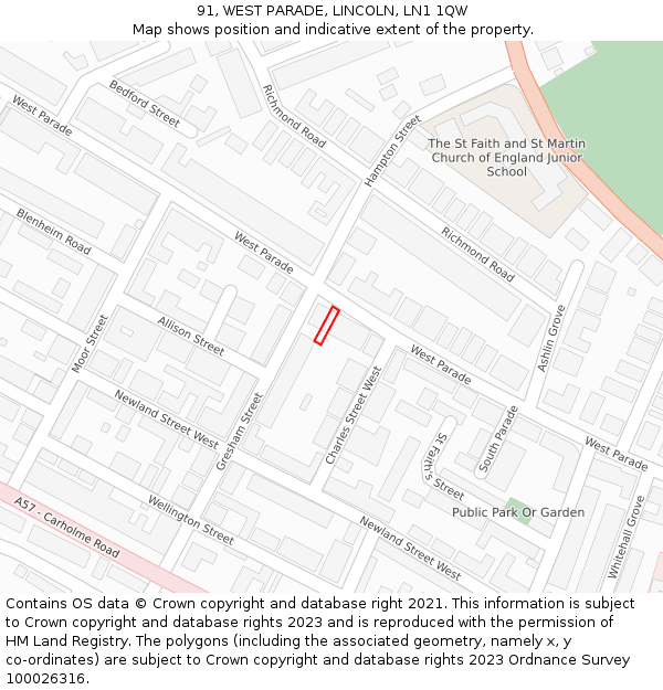 91, WEST PARADE, LINCOLN, LN1 1QW: Location map and indicative extent of plot