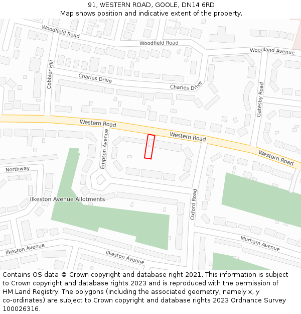 91, WESTERN ROAD, GOOLE, DN14 6RD: Location map and indicative extent of plot