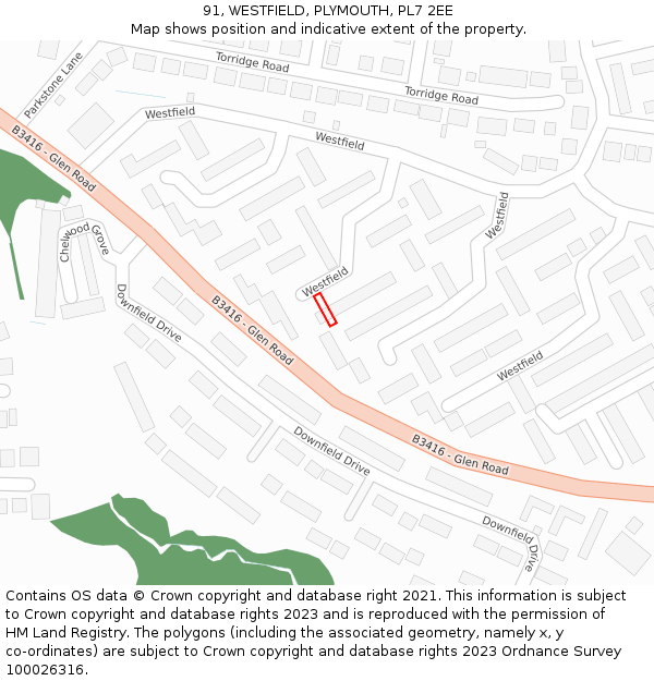 91, WESTFIELD, PLYMOUTH, PL7 2EE: Location map and indicative extent of plot