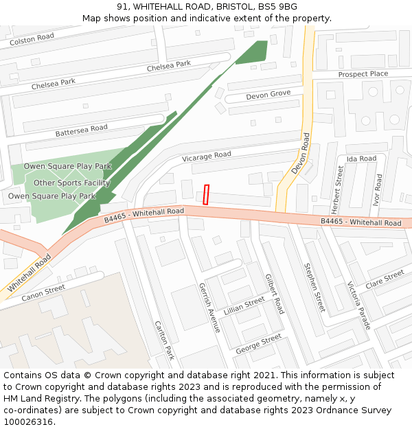 91, WHITEHALL ROAD, BRISTOL, BS5 9BG: Location map and indicative extent of plot