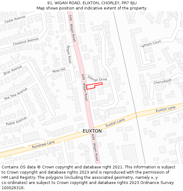 91, WIGAN ROAD, EUXTON, CHORLEY, PR7 6JU: Location map and indicative extent of plot