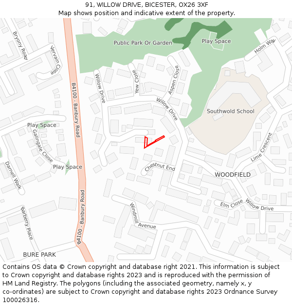 91, WILLOW DRIVE, BICESTER, OX26 3XF: Location map and indicative extent of plot