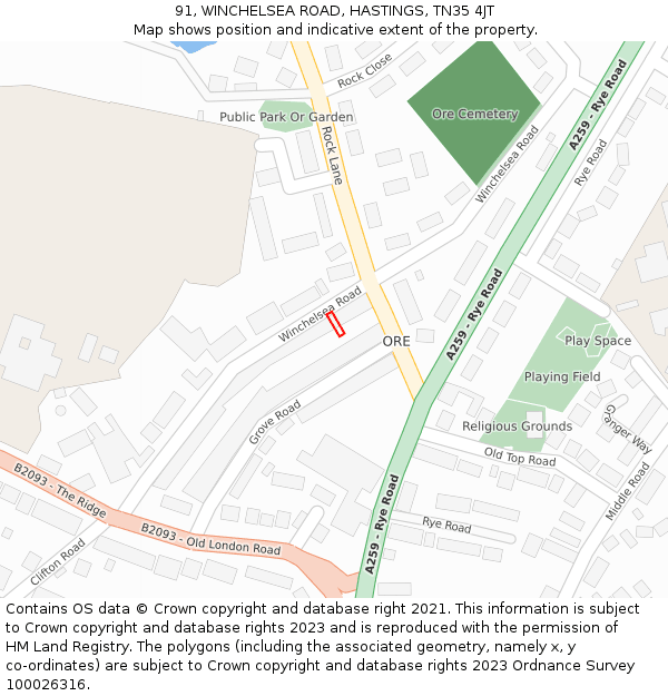 91, WINCHELSEA ROAD, HASTINGS, TN35 4JT: Location map and indicative extent of plot